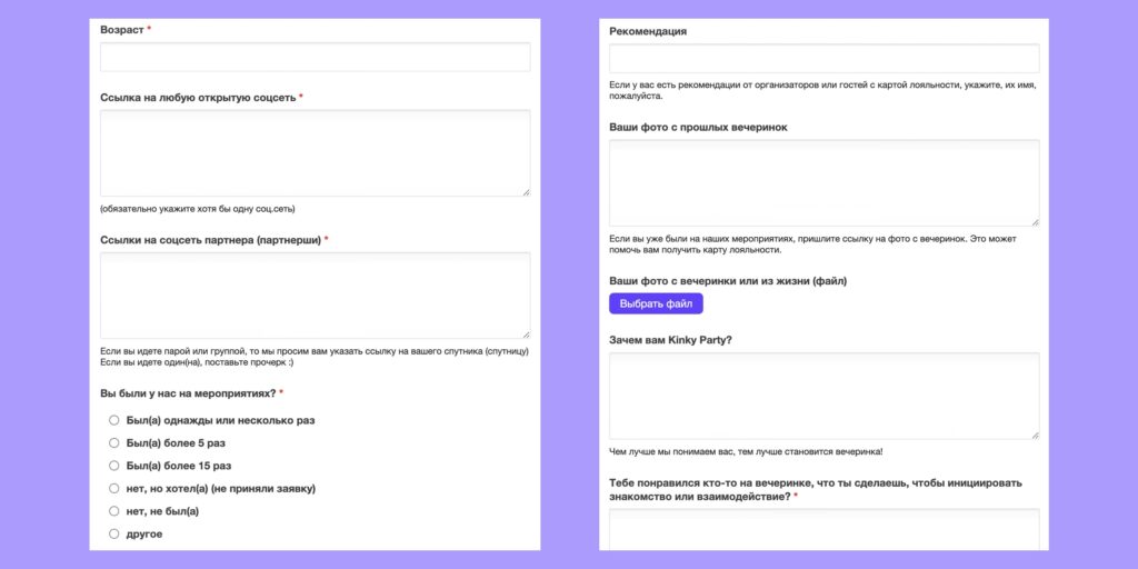 Пример анкеты для гостей Kinky Party